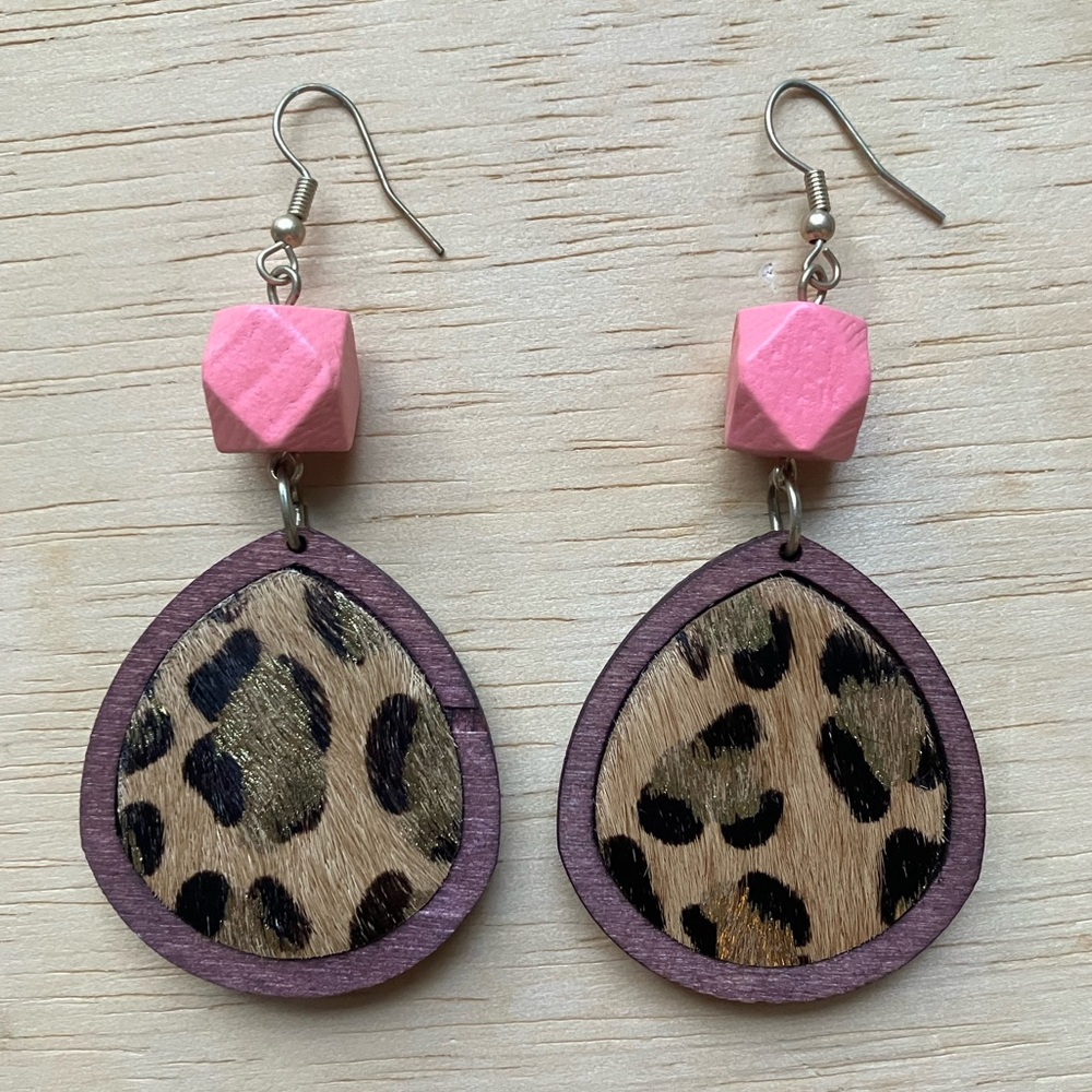 Leopard Print Earrings with Chunky Pink Bead